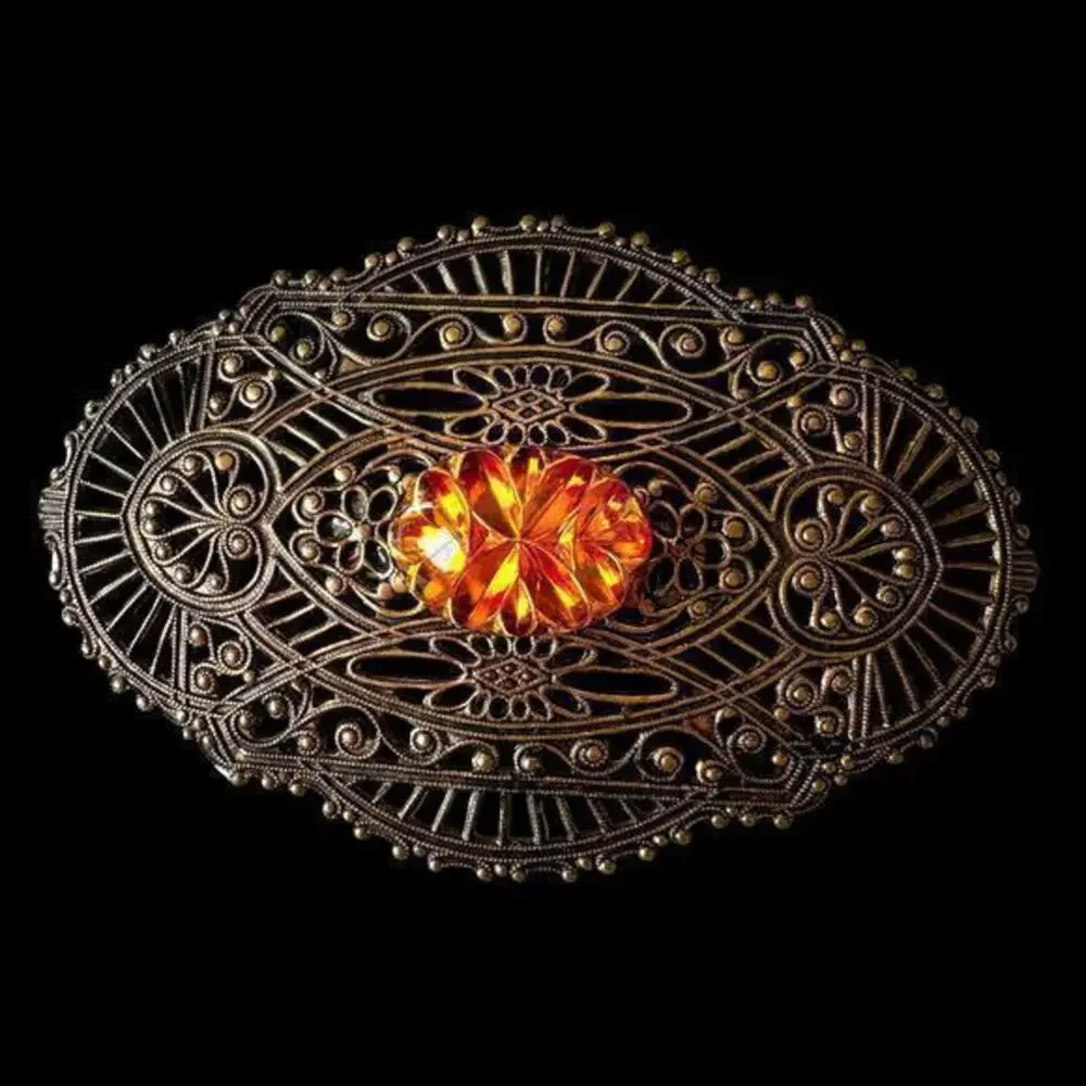 Vintage Large Filigree Faux Citrine Brooch Repaired Clasp 1930’s Art Deco